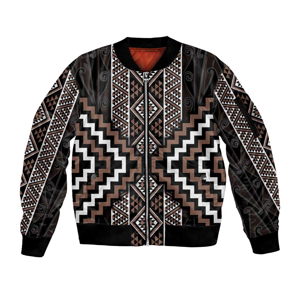 Classic Tukutuku Pattern Aotearoa Sleeve Zip Bomber Jacket Niho Taniwha and Puhoro Motifs