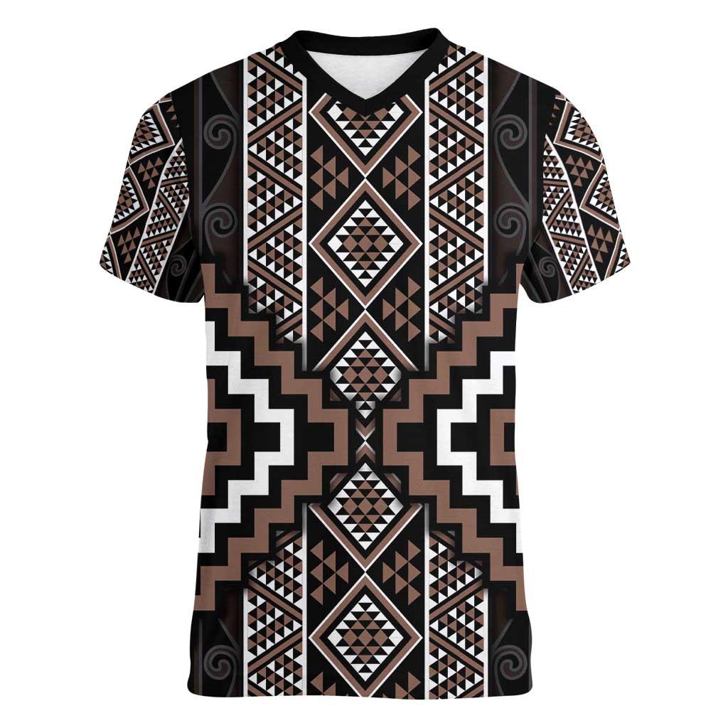 Classic Tukutuku Pattern Aotearoa Women V-Neck T-Shirt Niho Taniwha and Puhoro Motifs LT7 Female Brown - Polynesian Pride
