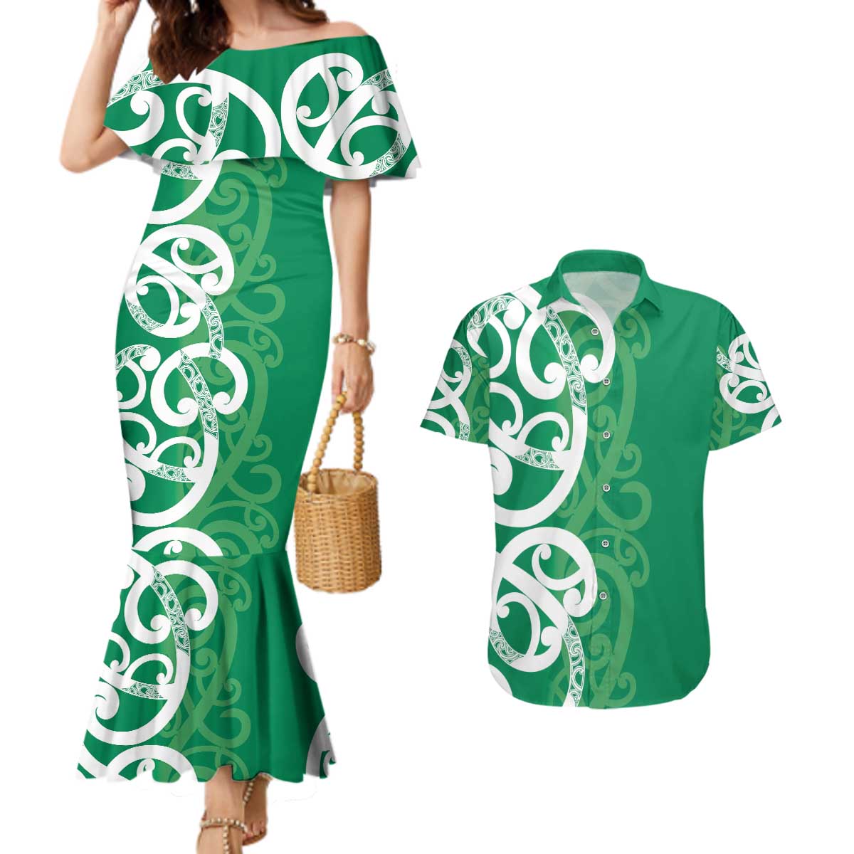 Pounamu Green Maori Couples Matching Mermaid Dress and Hawaiian Shirt Koru Kowhaiwhai LT7 Green - Polynesian Pride