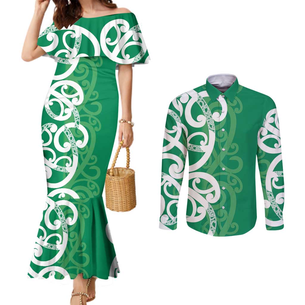 Pounamu Green Maori Couples Matching Mermaid Dress and Long Sleeve Button Shirt Koru Kowhaiwhai LT7 Green - Polynesian Pride
