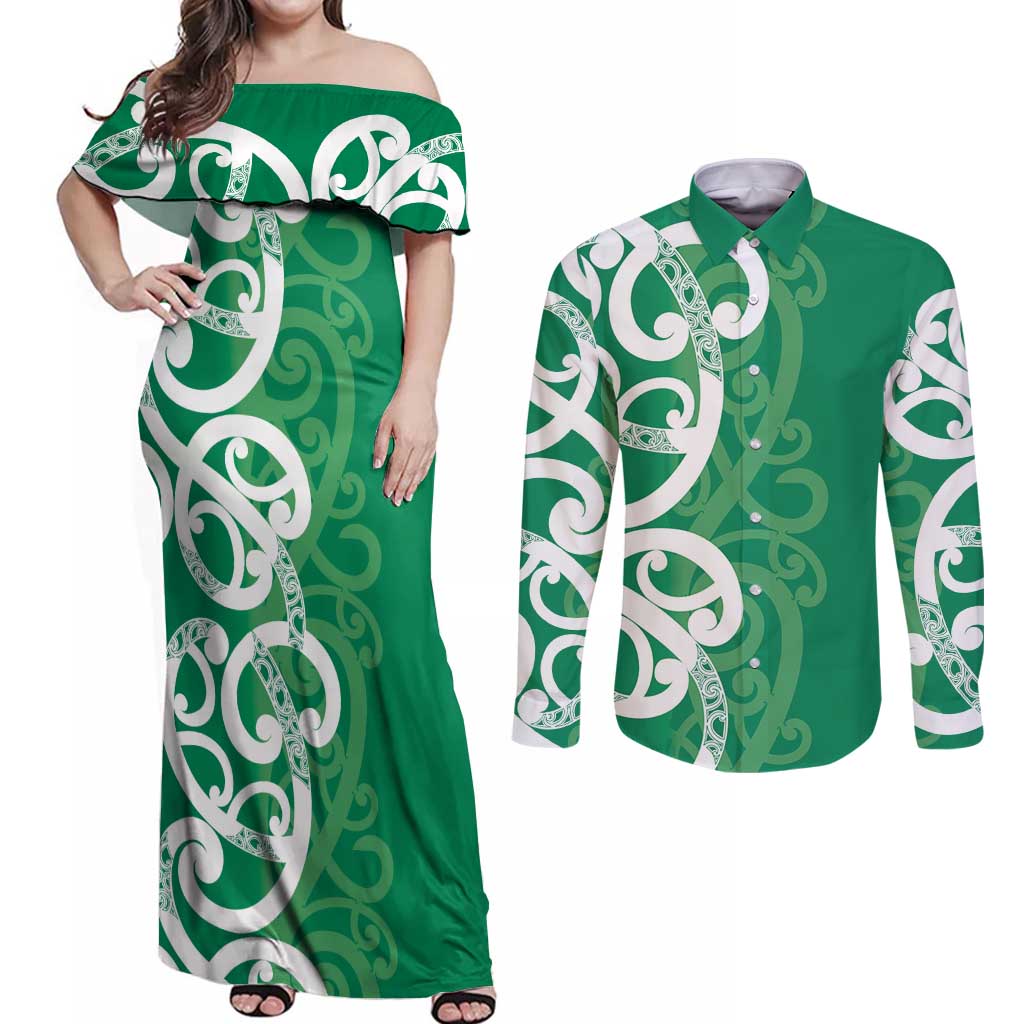 Pounamu Green Maori Couples Matching Off Shoulder Maxi Dress and Long Sleeve Button Shirt Koru Kowhaiwhai LT7 Green - Polynesian Pride