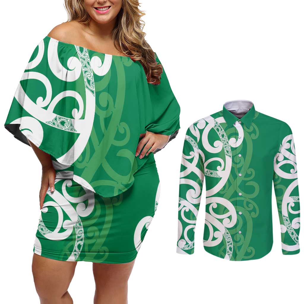 Pounamu Green Maori Couples Matching Off Shoulder Short Dress and Long Sleeve Button Shirt Koru Kowhaiwhai LT7 Green - Polynesian Pride