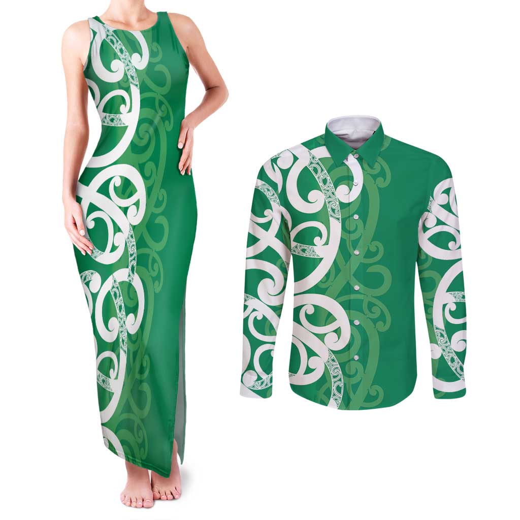 Pounamu Green Maori Couples Matching Tank Maxi Dress and Long Sleeve Button Shirt Koru Kowhaiwhai - Polynesian Pride