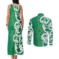 Pounamu Green Maori Couples Matching Tank Maxi Dress and Long Sleeve Button Shirt Koru Kowhaiwhai - Polynesian Pride