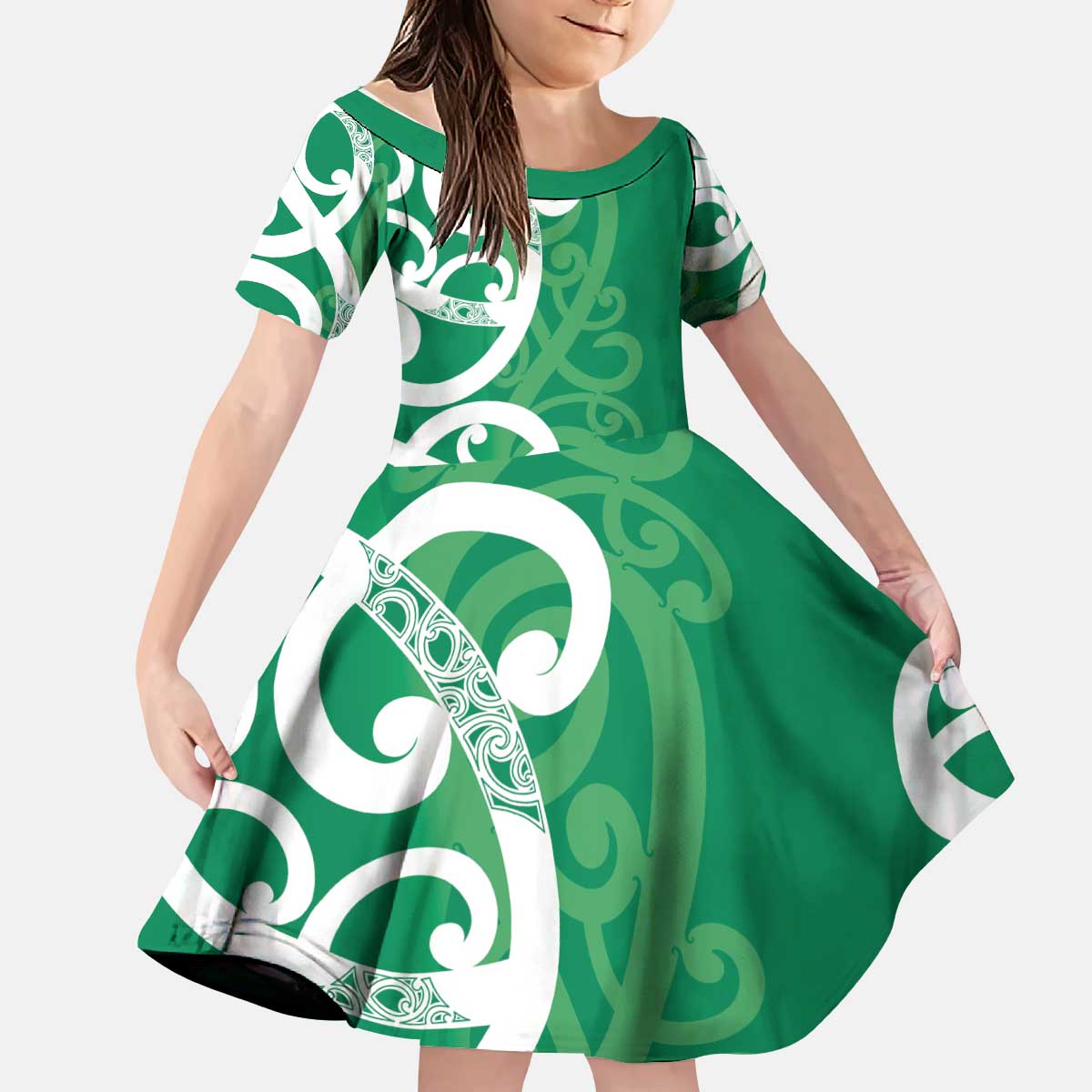 Pounamu Green Maori Kid Short Sleeve Dress Koru Kowhaiwhai LT7 KID Green - Polynesian Pride