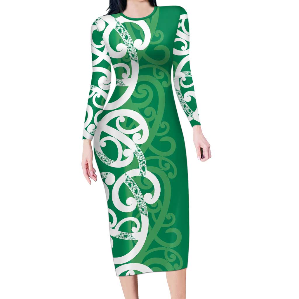 Pounamu Green Maori Long Sleeve Bodycon Dress Koru Kowhaiwhai LT7 Long Dress Green - Polynesian Pride