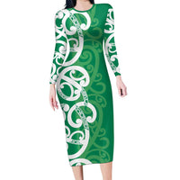 Pounamu Green Maori Long Sleeve Bodycon Dress Koru Kowhaiwhai LT7 Long Dress Green - Polynesian Pride