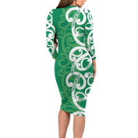 Pounamu Green Maori Long Sleeve Bodycon Dress Koru Kowhaiwhai LT7 - Polynesian Pride