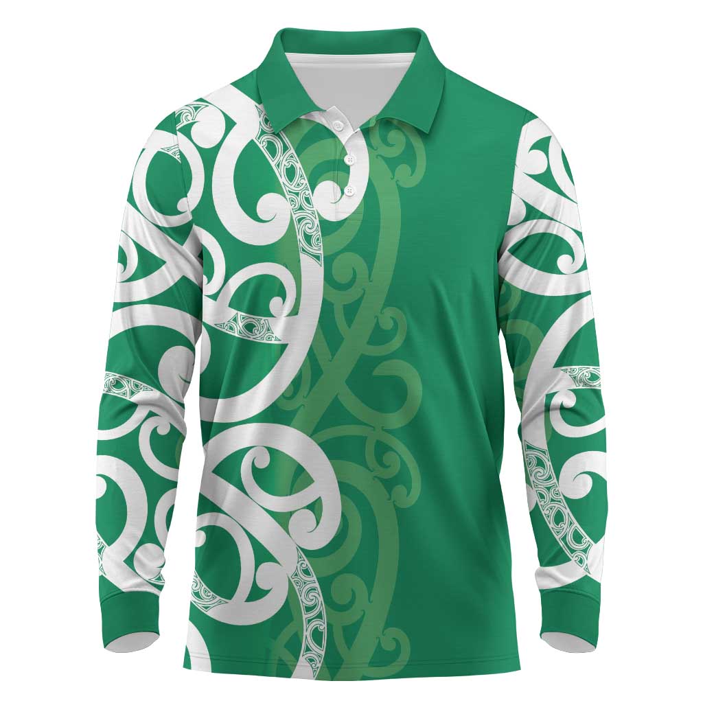 Pounamu Green Maori Long Sleeve Polo Shirt Koru Kowhaiwhai - Polynesian Pride