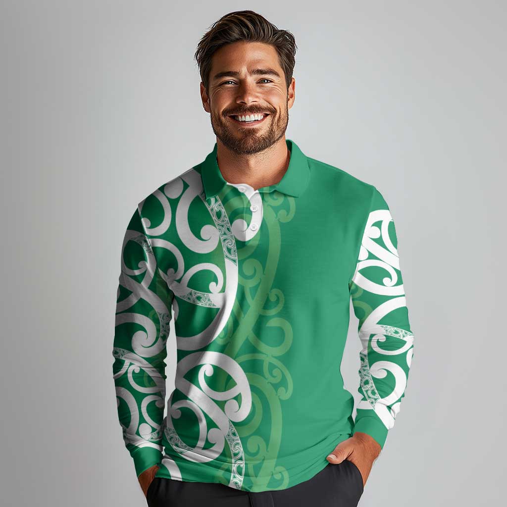 Pounamu Green Maori Long Sleeve Polo Shirt Koru Kowhaiwhai - Polynesian Pride