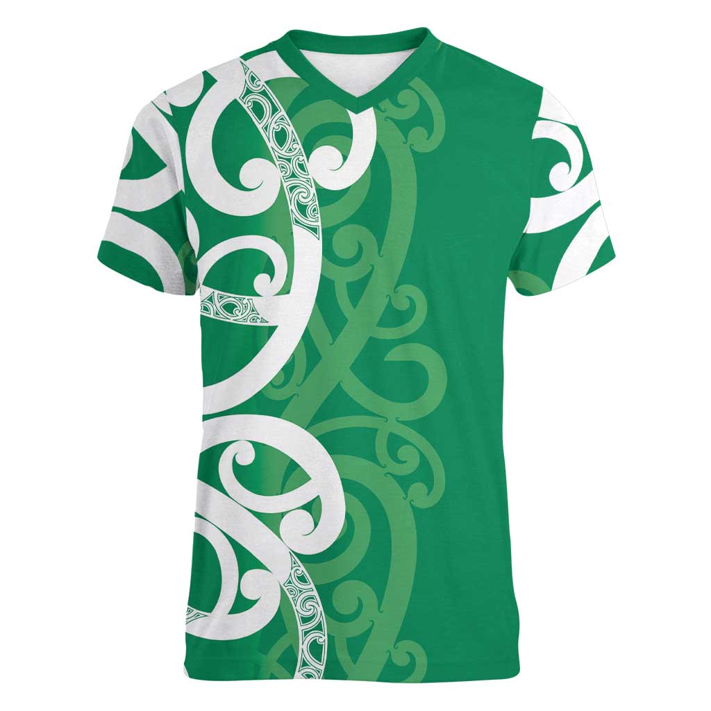 Pounamu Green Maori Women V-Neck T-Shirt Koru Kowhaiwhai - Polynesian Pride