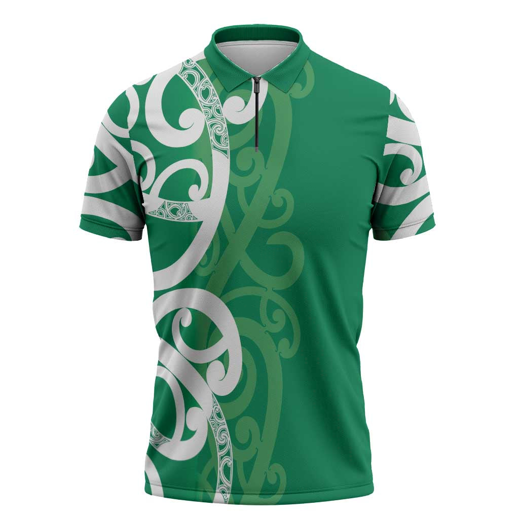 Pounamu Green Maori Zipper Polo Shirt Koru Kowhaiwhai - Polynesian Pride