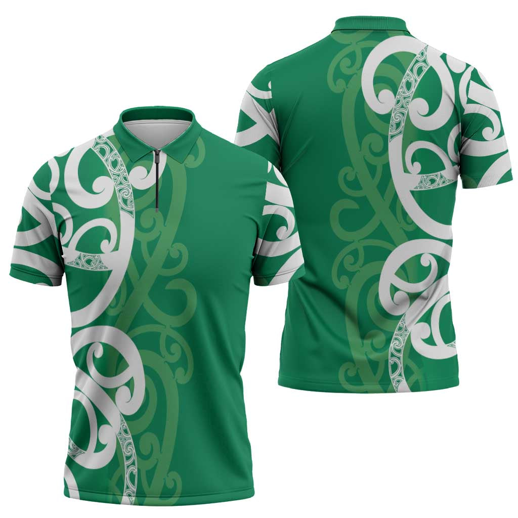 Pounamu Green Maori Zipper Polo Shirt Koru Kowhaiwhai - Polynesian Pride
