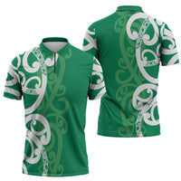 Pounamu Green Maori Zipper Polo Shirt Koru Kowhaiwhai - Polynesian Pride