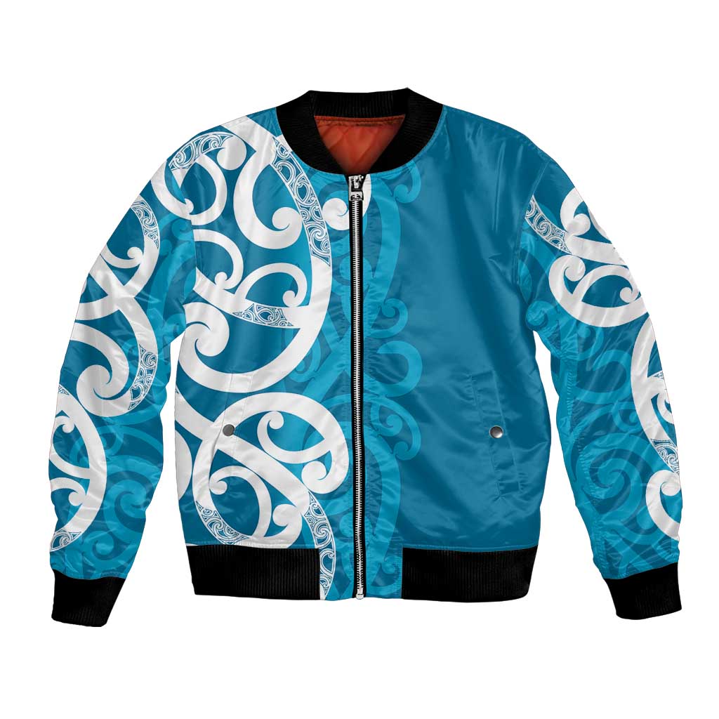 Azure Blue Maori Bomber Jacket Koru Kowhaiwhai - Polynesian Pride