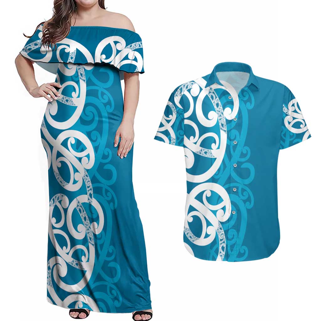 Azure Blue Maori Couples Matching Off Shoulder Maxi Dress and Hawaiian Shirt Koru Kowhaiwhai LT7 Blue - Polynesian Pride