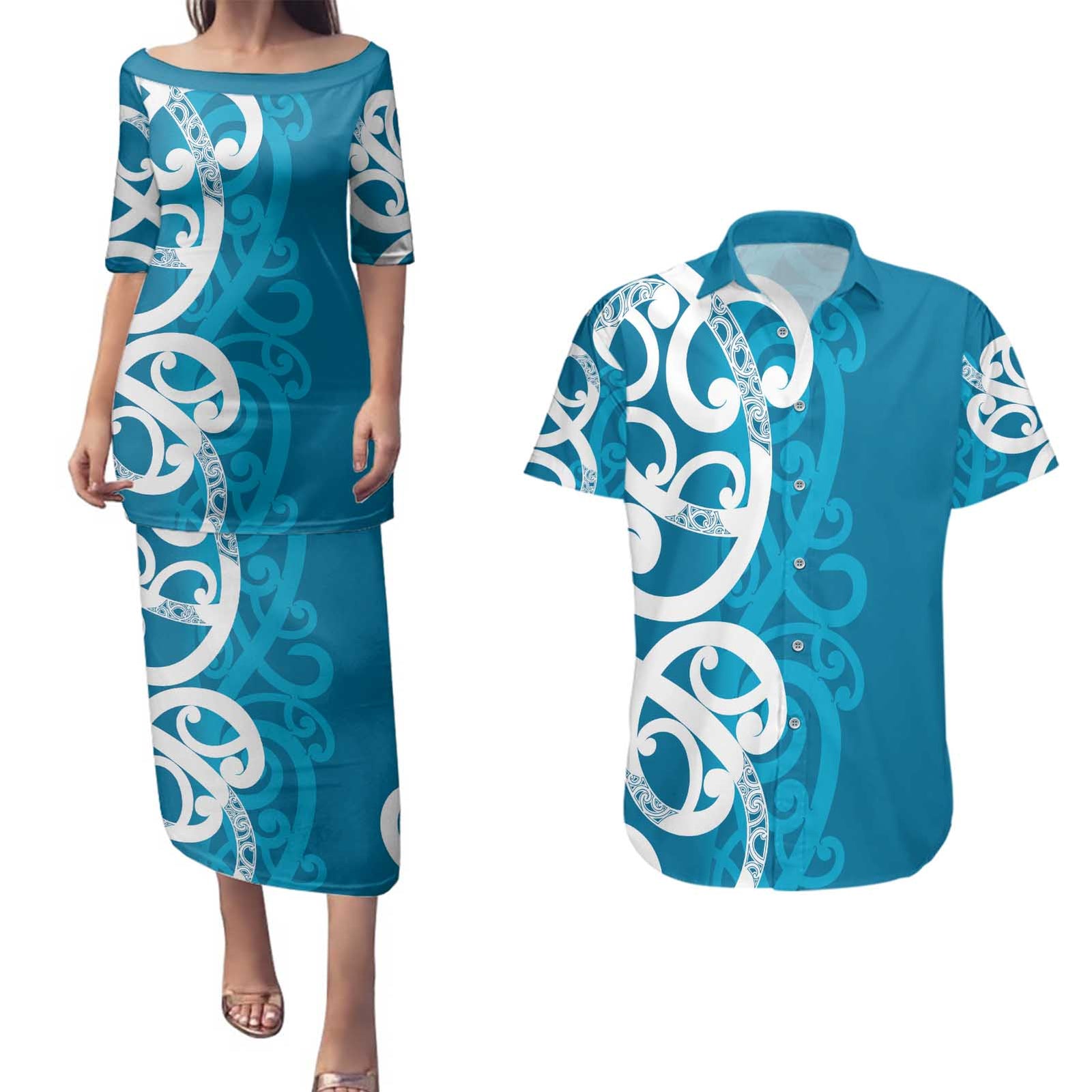 Azure Blue Maori Couples Matching Puletasi and Hawaiian Shirt Koru Kowhaiwhai LT7 Blue - Polynesian Pride