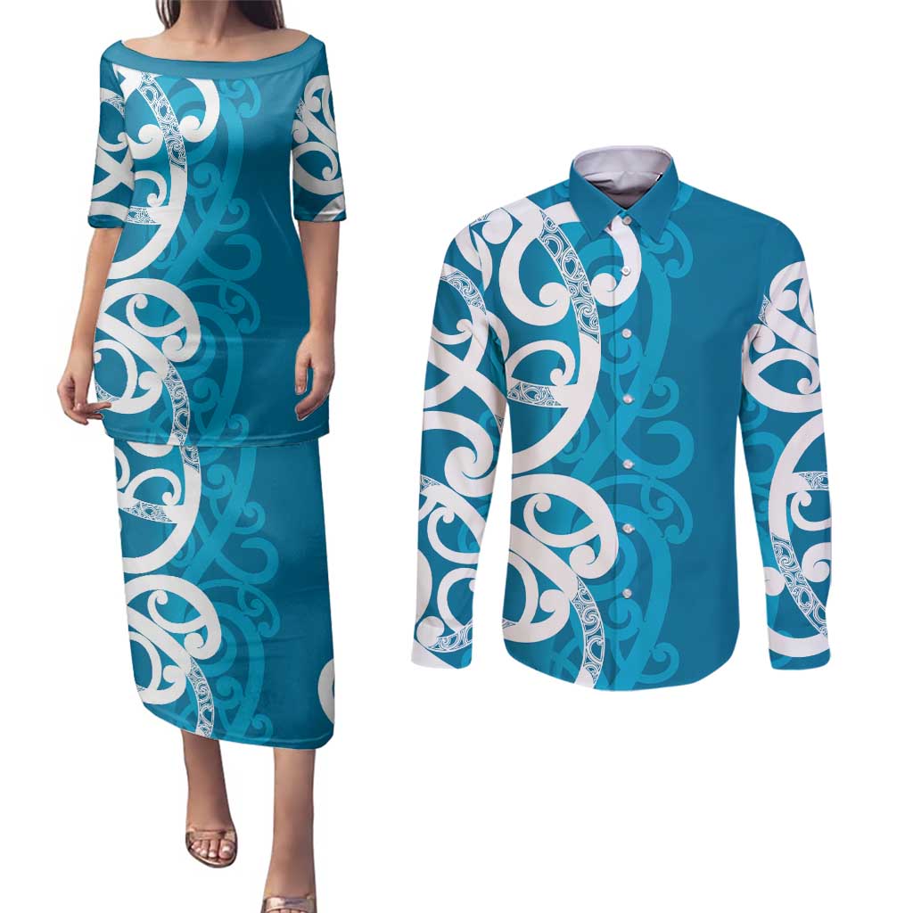 Azure Blue Maori Couples Matching Puletasi and Long Sleeve Button Shirt Koru Kowhaiwhai LT7 Blue - Polynesian Pride