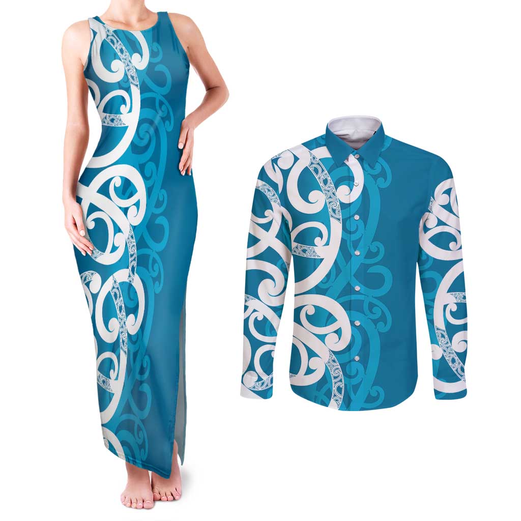 Azure Blue Maori Couples Matching Tank Maxi Dress and Long Sleeve Button Shirt Koru Kowhaiwhai LT7 Blue - Polynesian Pride