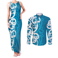 Azure Blue Maori Couples Matching Tank Maxi Dress and Long Sleeve Button Shirt Koru Kowhaiwhai LT7 Blue - Polynesian Pride