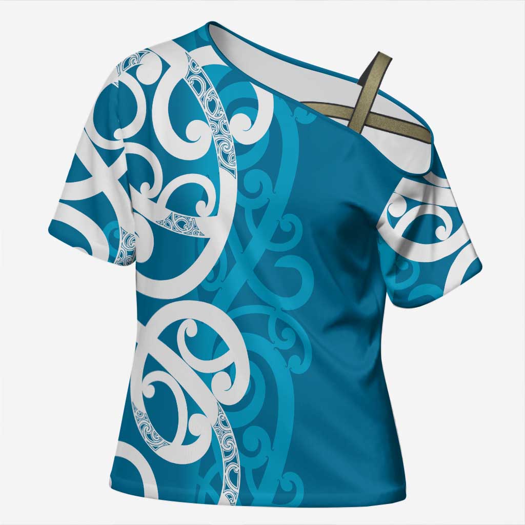 Azure Blue Maori Cross Shoulder Shirt Koru Kowhaiwhai LT7 Female Blue - Polynesian Pride