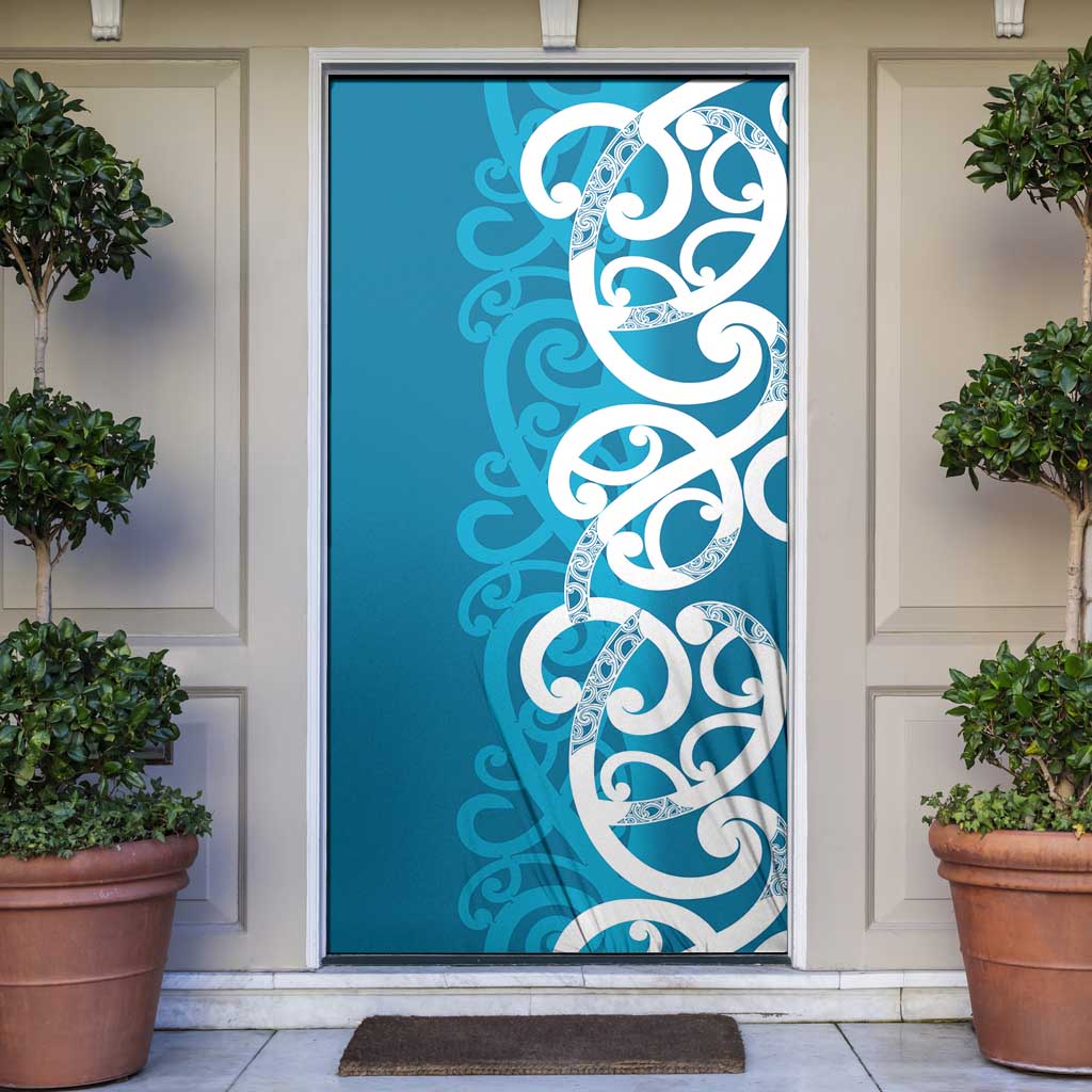 Azure Blue Maori Door Cover Koru Kowhaiwhai - Polynesian Pride