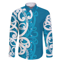 Azure Blue Maori Family Matching Mermaid Dress and Hawaiian Shirt Koru Kowhaiwhai LT7 Dad's Shirt - Long Sleeve Blue - Polynesian Pride