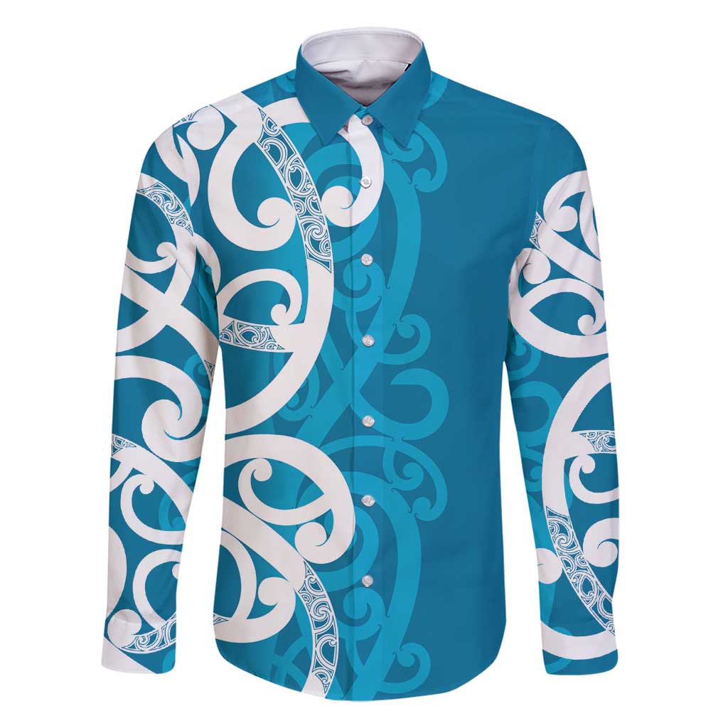 Azure Blue Maori Family Matching Off Shoulder Maxi Dress and Hawaiian Shirt Koru Kowhaiwhai LT7 Dad's Shirt - Long Sleeve Blue - Polynesian Pride