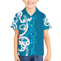Azure Blue Maori Family Matching Off Shoulder Maxi Dress and Hawaiian Shirt Koru Kowhaiwhai LT7 Son's Shirt Blue - Polynesian Pride
