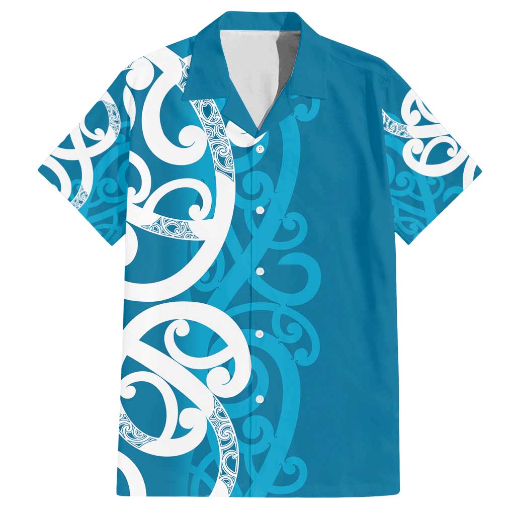 Azure Blue Maori Family Matching Puletasi and Hawaiian Shirt Koru Kowhaiwhai LT7 Dad's Shirt - Short Sleeve Blue - Polynesian Pride