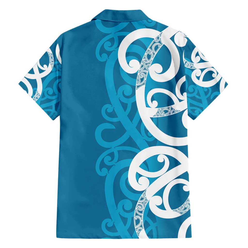 Azure Blue Maori Family Matching Short Sleeve Bodycon Dress and Hawaiian Shirt Koru Kowhaiwhai LT7 - Polynesian Pride
