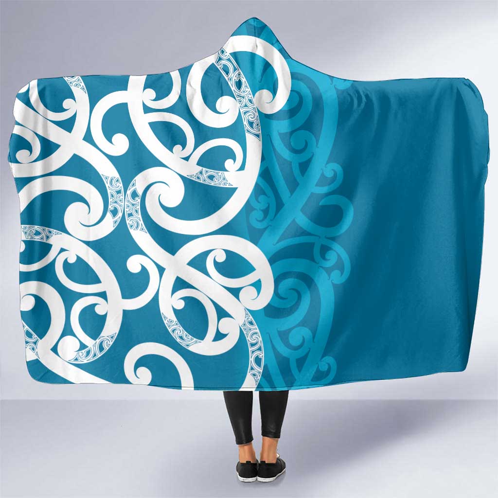 Azure Blue Maori Hooded Blanket Koru Kowhaiwhai LT7 One Size Blue - Polynesian Pride