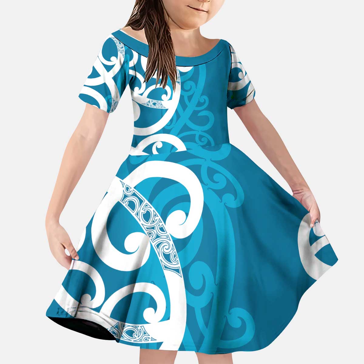 Azure Blue Maori Kid Short Sleeve Dress Koru Kowhaiwhai - Polynesian Pride