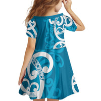 Azure Blue Maori Kid Short Sleeve Dress Koru Kowhaiwhai - Polynesian Pride