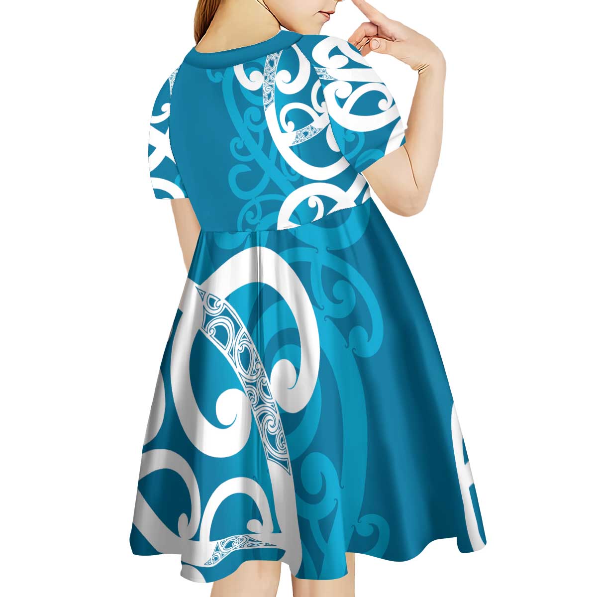 Azure Blue Maori Kid Short Sleeve Dress Koru Kowhaiwhai - Polynesian Pride
