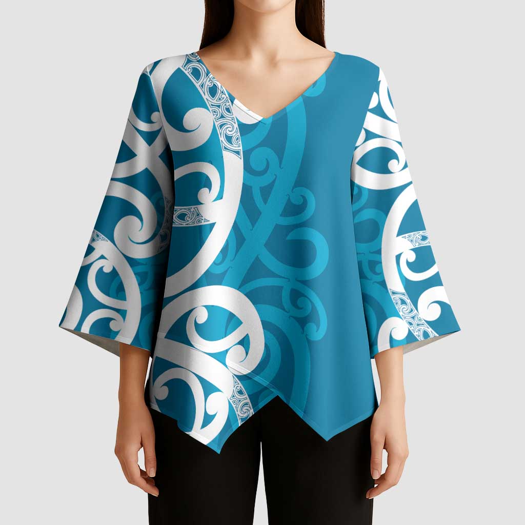 Azure Blue Maori Kimono Sleeve Blouse Koru Kowhaiwhai LT7 - Polynesian Pride