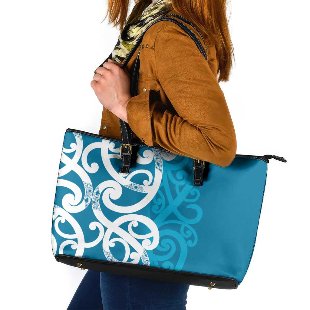 Azure Blue Maori Leather Tote Bag Koru Kowhaiwhai - Polynesian Pride