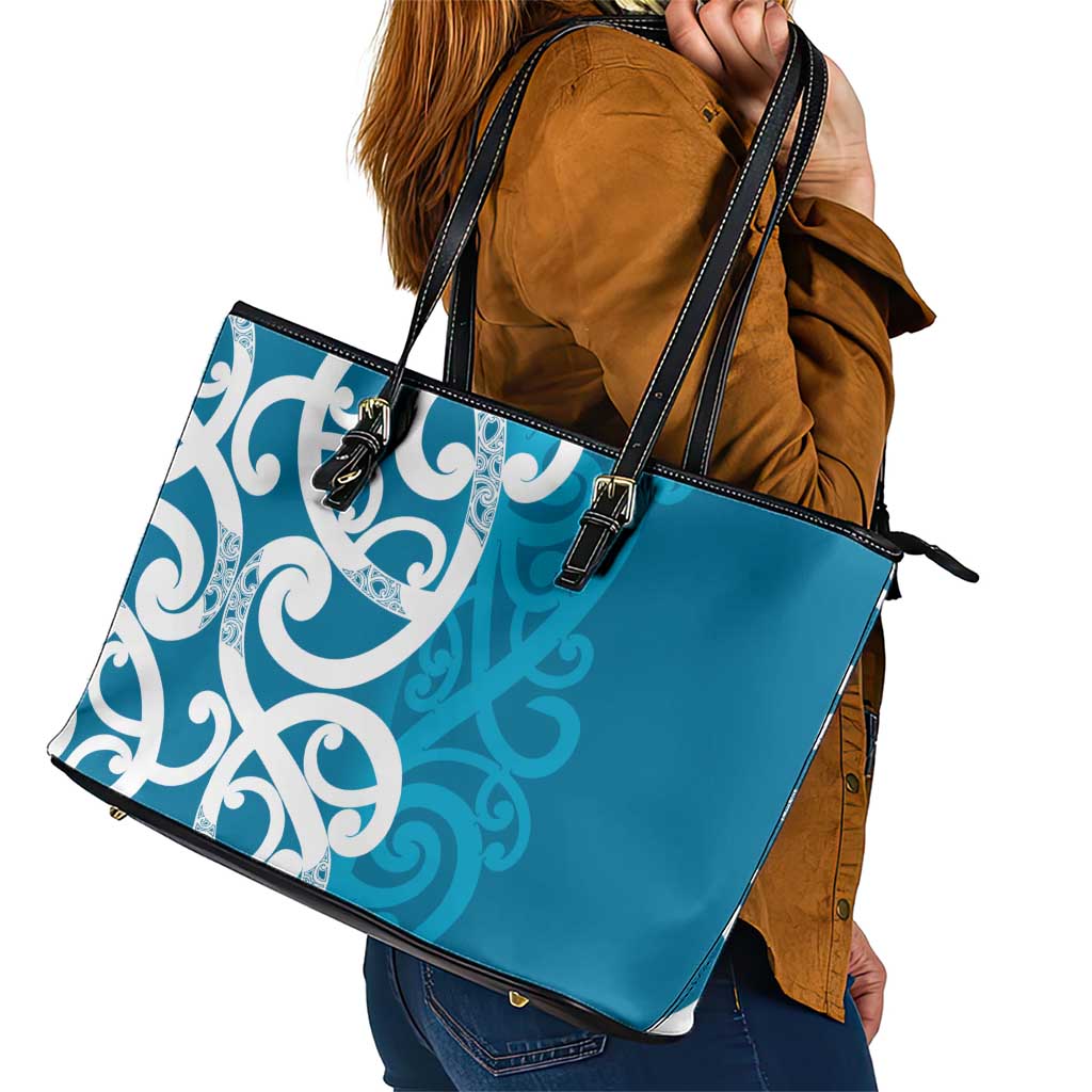 Azure Blue Maori Leather Tote Bag Koru Kowhaiwhai - Polynesian Pride