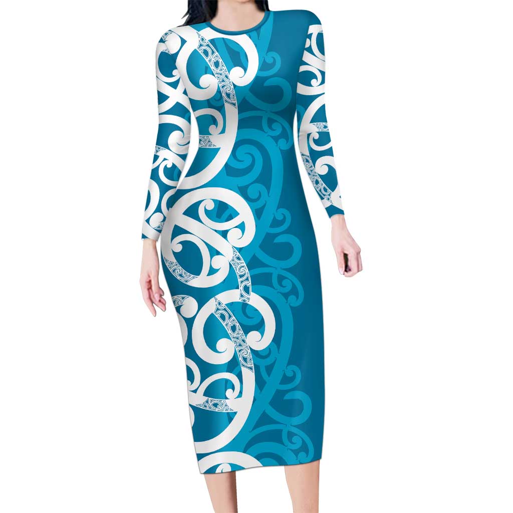 Azure Blue Maori Long Sleeve Bodycon Dress Koru Kowhaiwhai LT7 Long Dress Blue - Polynesian Pride