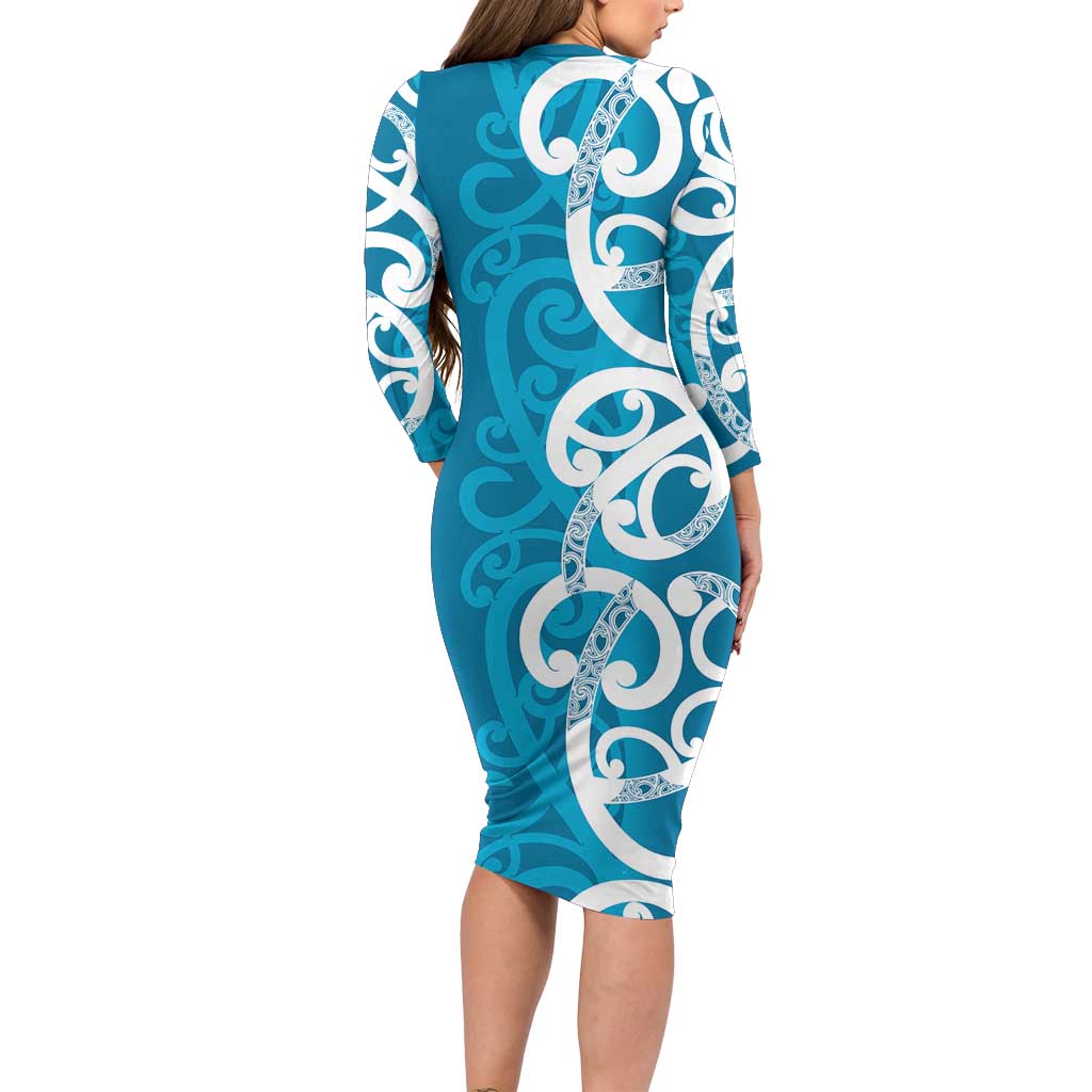 Azure Blue Maori Long Sleeve Bodycon Dress Koru Kowhaiwhai LT7 - Polynesian Pride