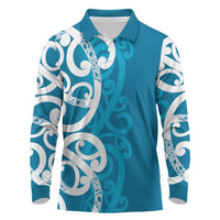 Azure Blue Maori Long Sleeve Polo Shirt Koru Kowhaiwhai - Polynesian Pride