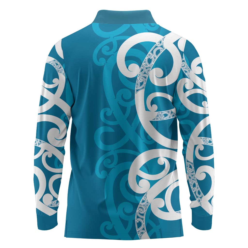 Azure Blue Maori Long Sleeve Polo Shirt Koru Kowhaiwhai - Polynesian Pride