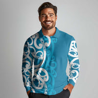 Azure Blue Maori Long Sleeve Polo Shirt Koru Kowhaiwhai - Polynesian Pride