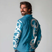Azure Blue Maori Long Sleeve Polo Shirt Koru Kowhaiwhai - Polynesian Pride
