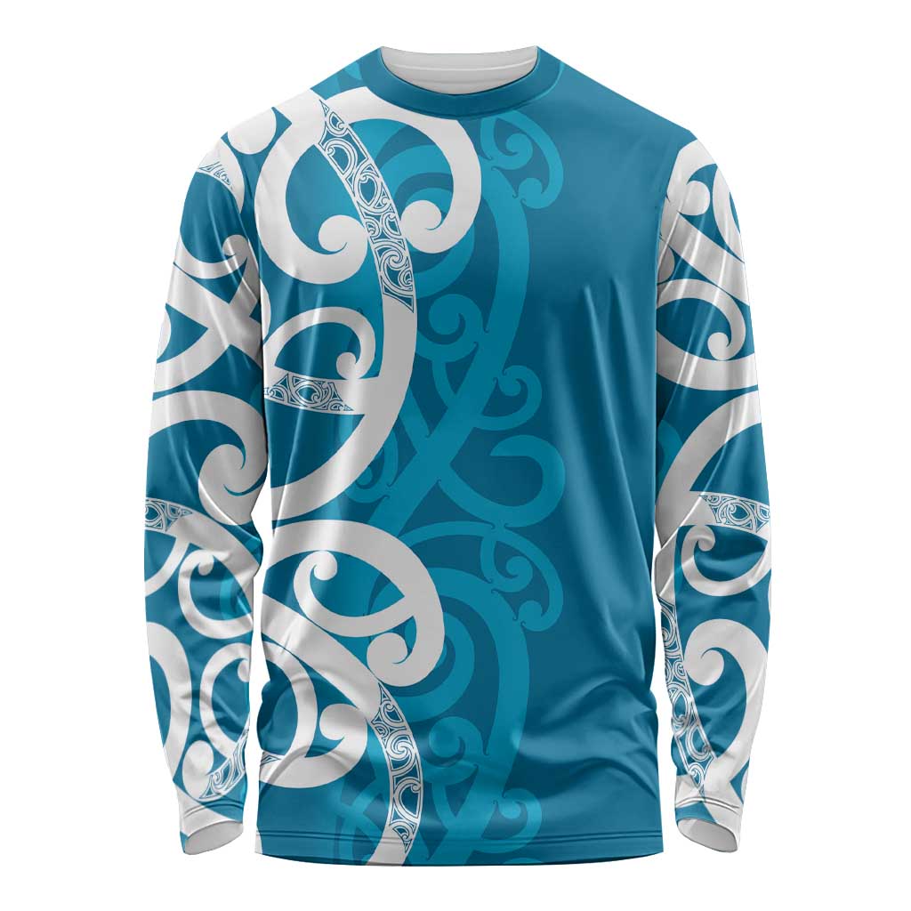 Azure Blue Maori Long Sleeve Shirt Koru Kowhaiwhai LT7 Unisex Blue - Polynesian Pride