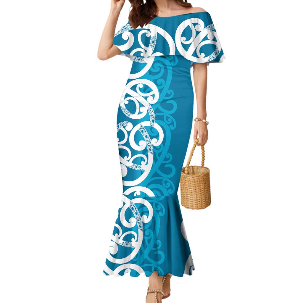 Azure Blue Maori Mermaid Dress Koru Kowhaiwhai - Polynesian Pride