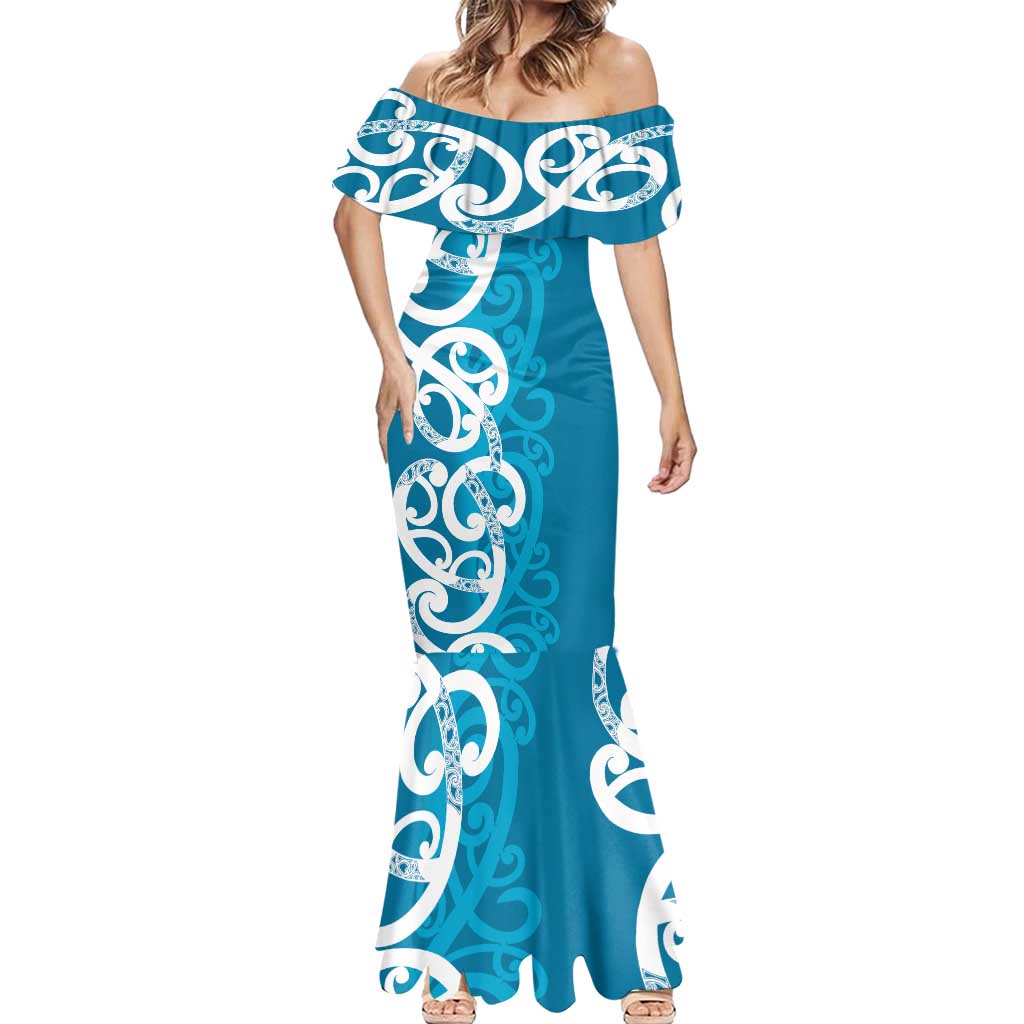 Azure Blue Maori Mermaid Dress Koru Kowhaiwhai - Polynesian Pride