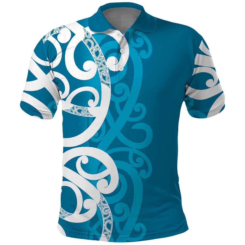 Azure Blue Maori Polo Shirt Koru Kowhaiwhai - Polynesian Pride
