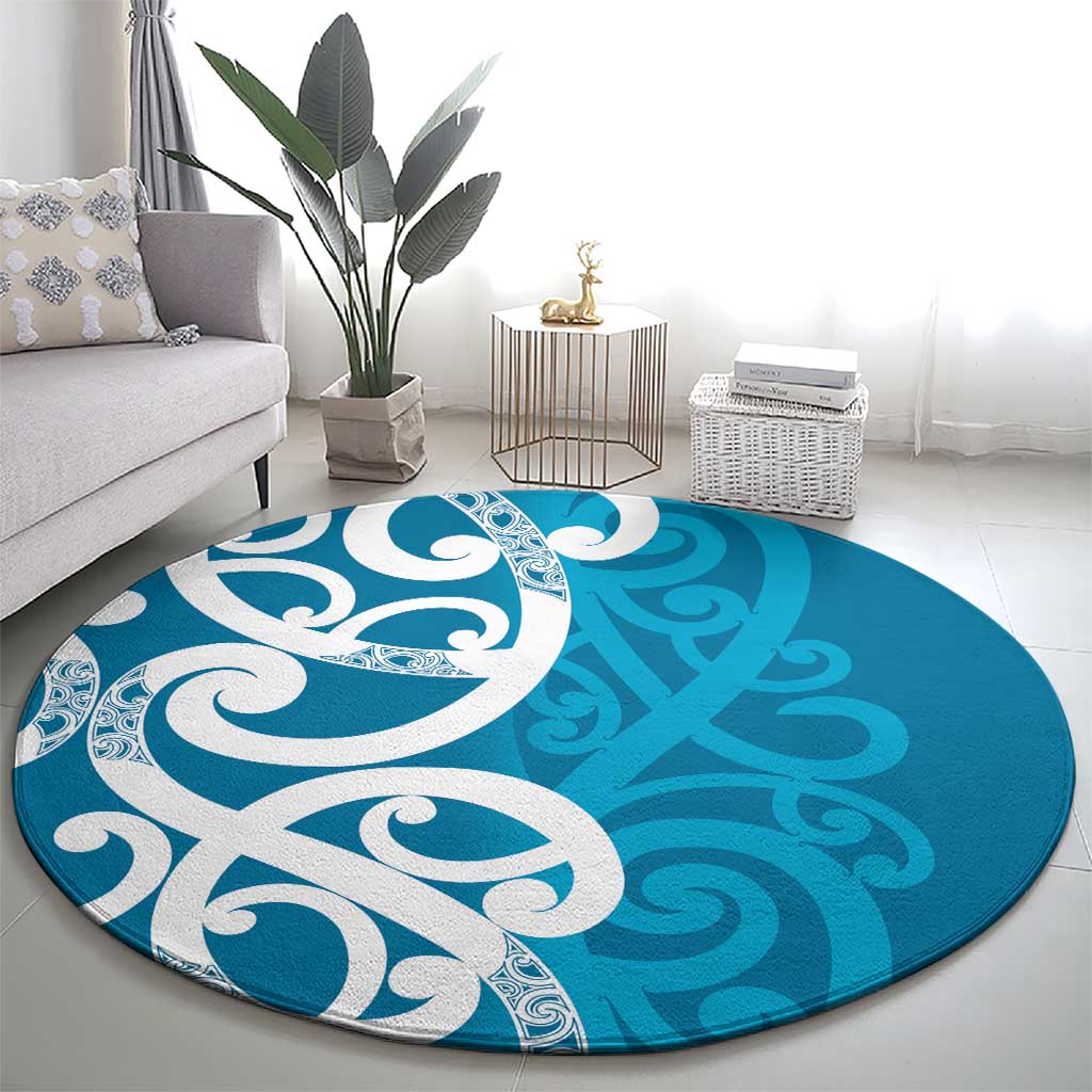 Azure Blue Maori Round Carpet Koru Kowhaiwhai - Polynesian Pride