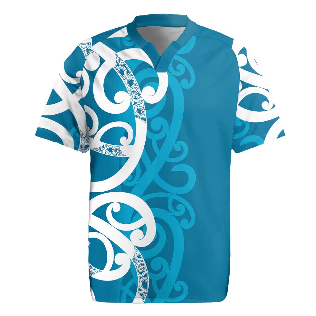 Azure Blue Maori Rugby Jersey Koru Kowhaiwhai - Polynesian Pride